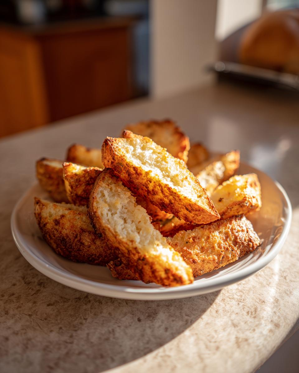 A close-up of golden-brown, crispy baked potato wedges piled on a small white plate.