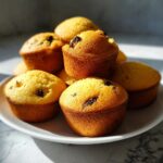 A delicious stack of golden brown pancake muffins with chocolate chips piled high on a white plate.