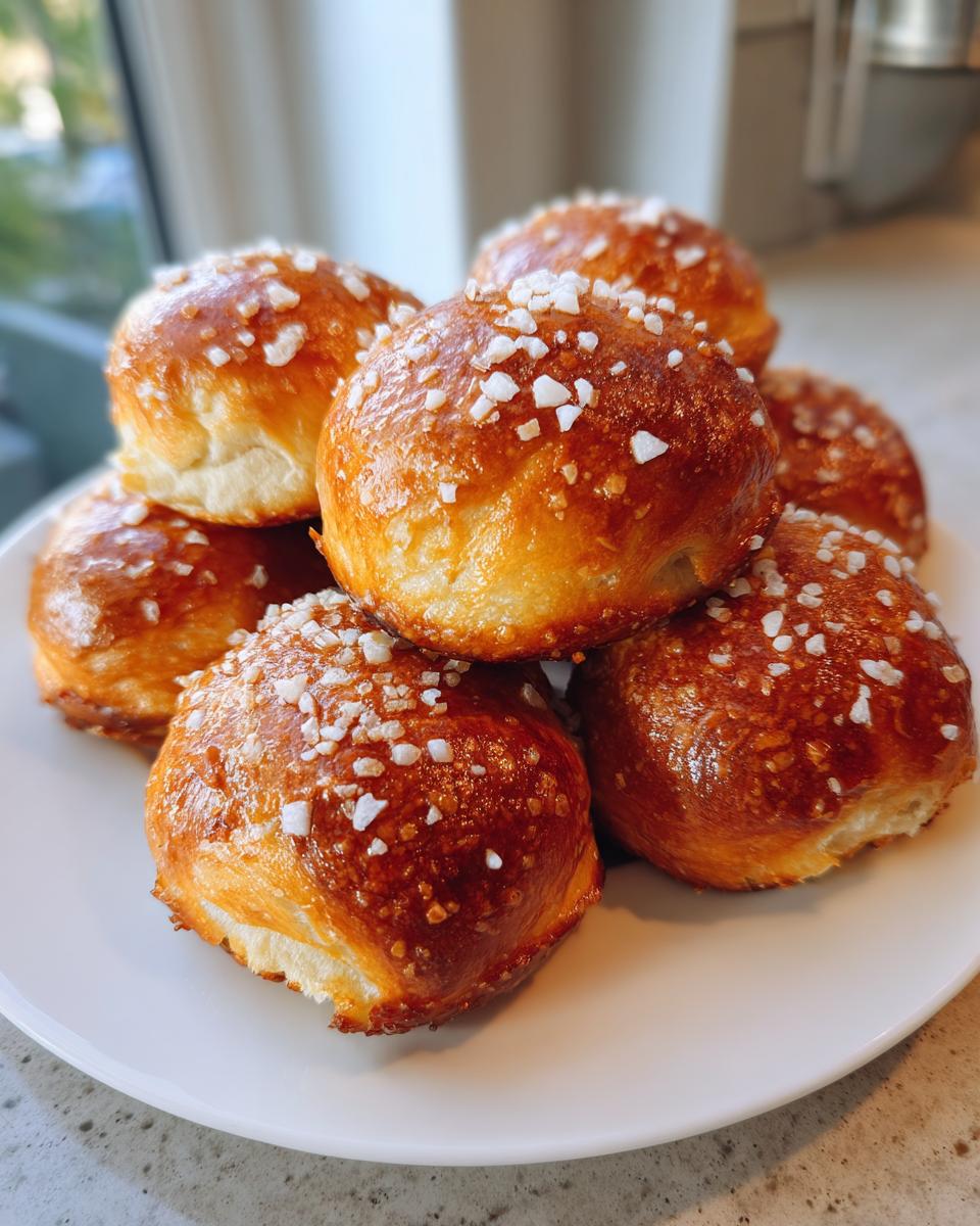 A pile of freshly baked, golden brown pretzel bites sprinkled with coarse salt, sitting on a white plate.