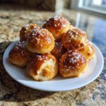 A pile of freshly baked, golden brown pretzel bites sprinkled generously with coarse salt on a white plate.