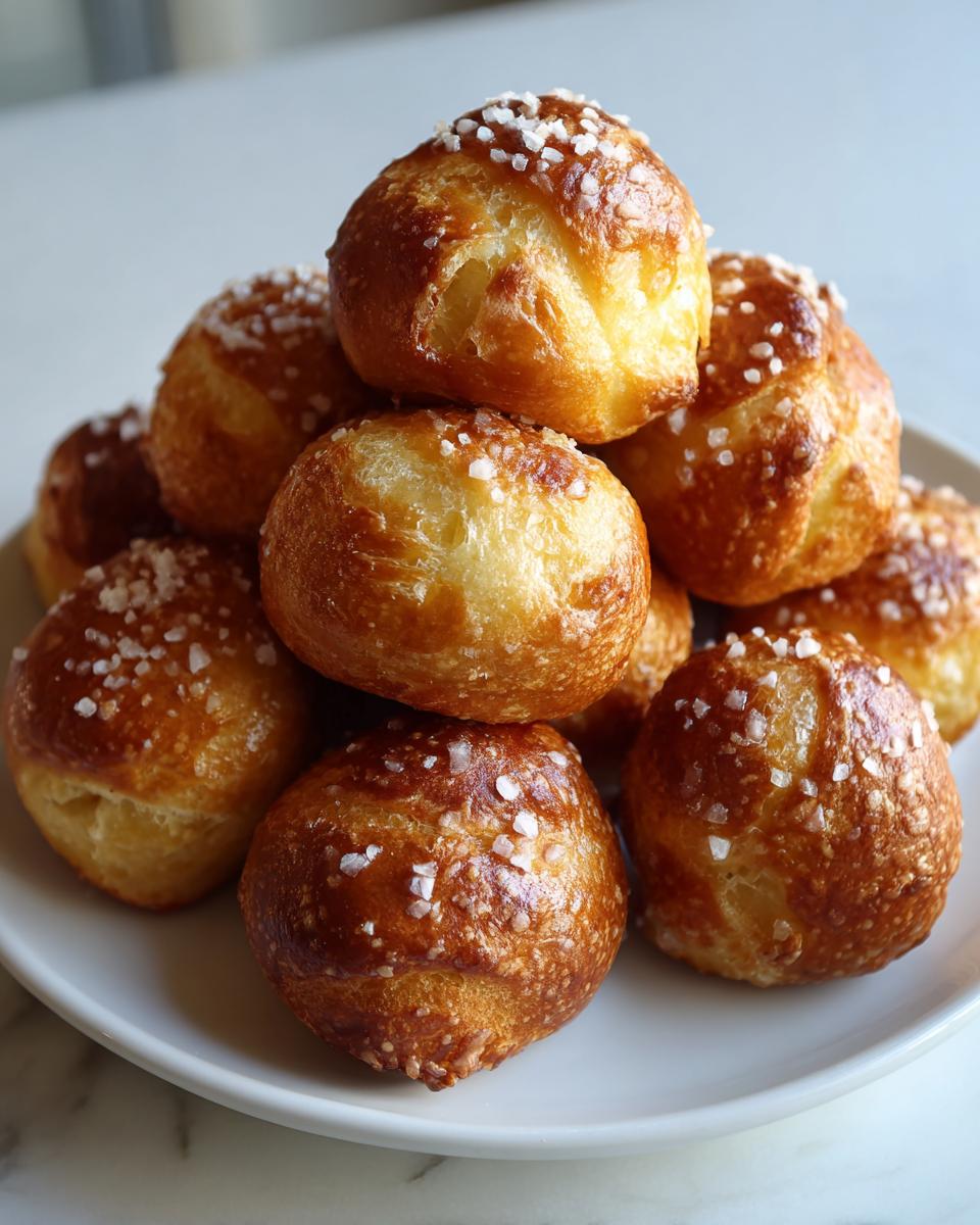 A stack of freshly baked, golden brown pretzel bites sprinkled with coarse salt on a white plate.