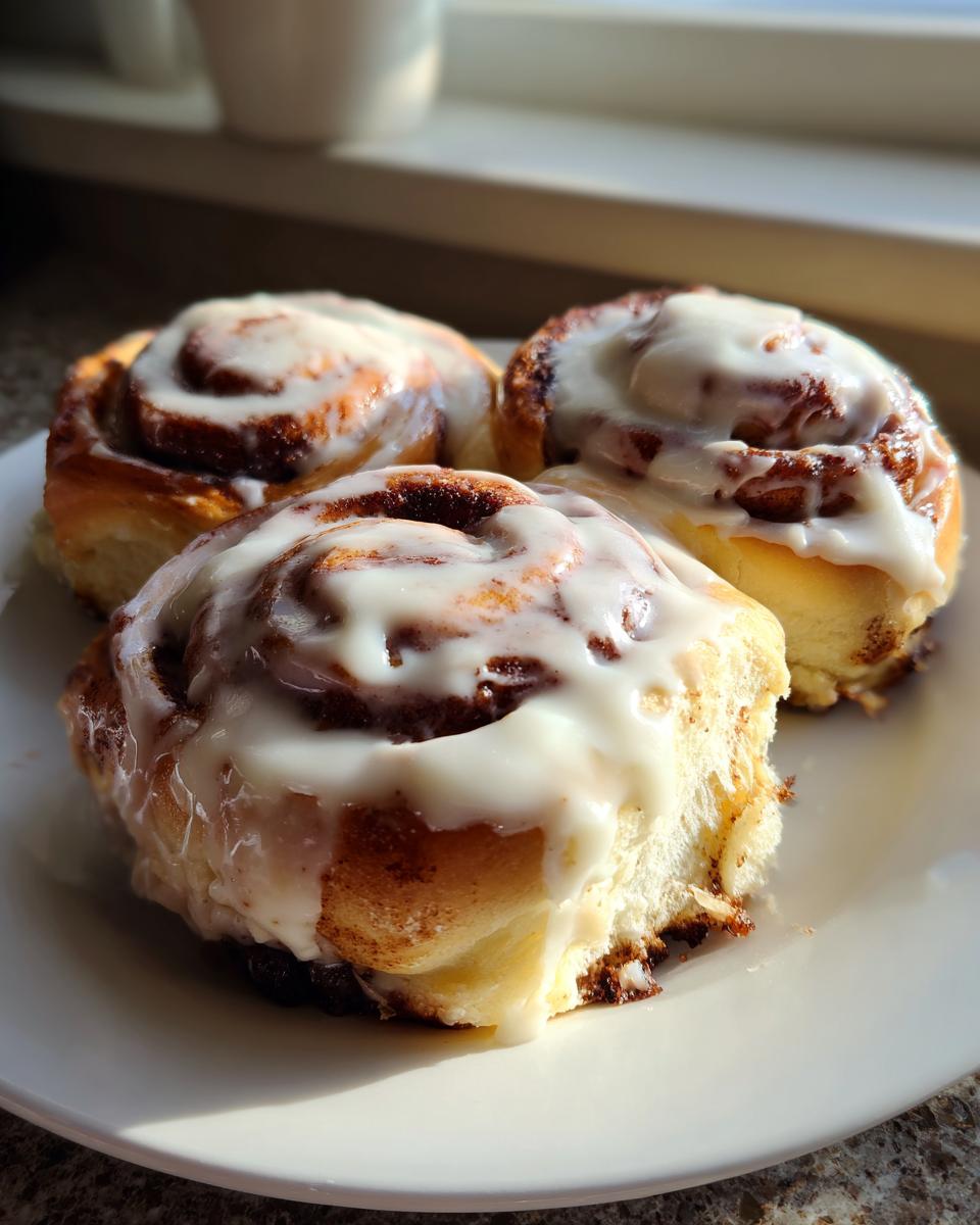 Three warm, gooey cinnamon rolls generously topped with white icing, sitting on a white plate near a window.