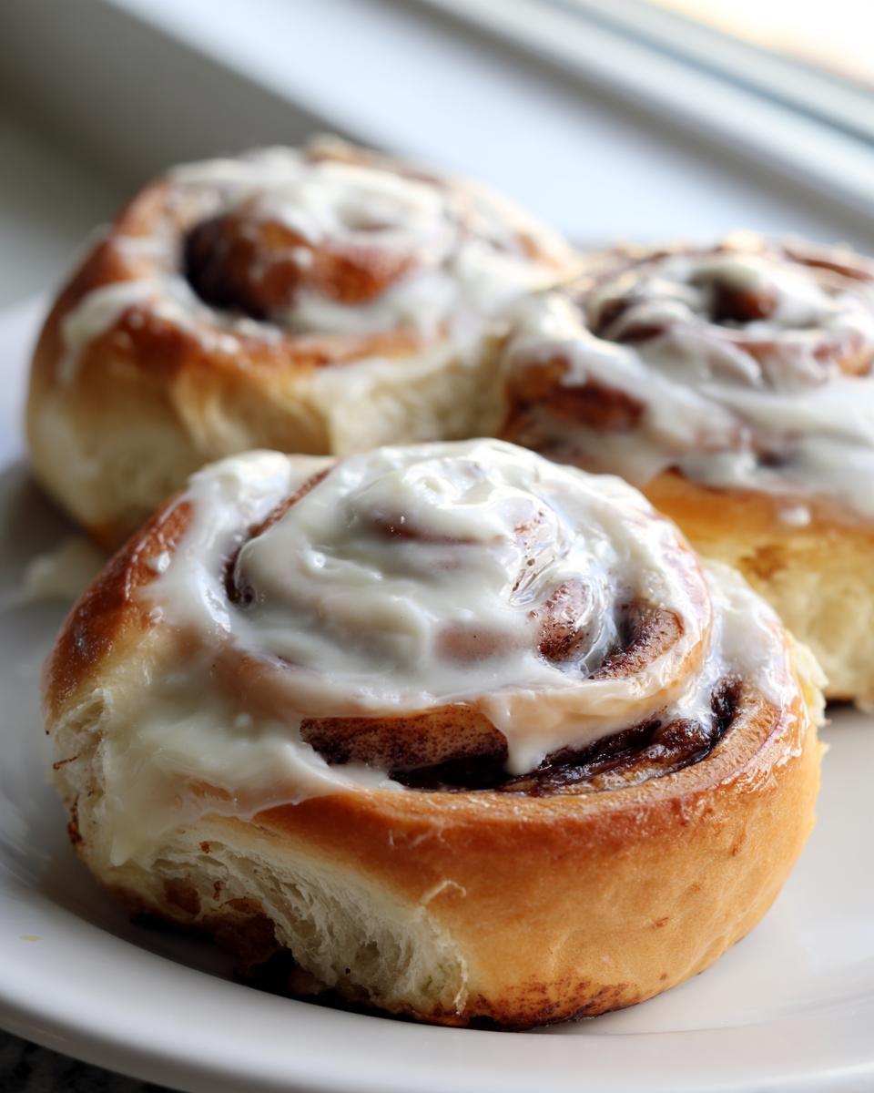 Three soft, freshly baked cinnamon rolls generously topped with thick white icing, sitting on a white plate.