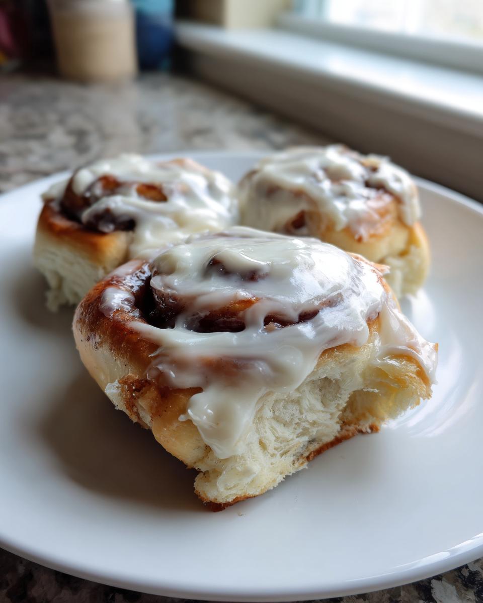 Three gooey cinnamon rolls with thick white icing, one partially eaten, served on a white plate.