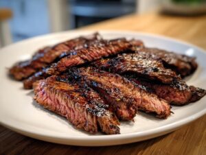 Close-up of perfectly grilled and sliced skirt steak showing a medium-rare center on a white plate.