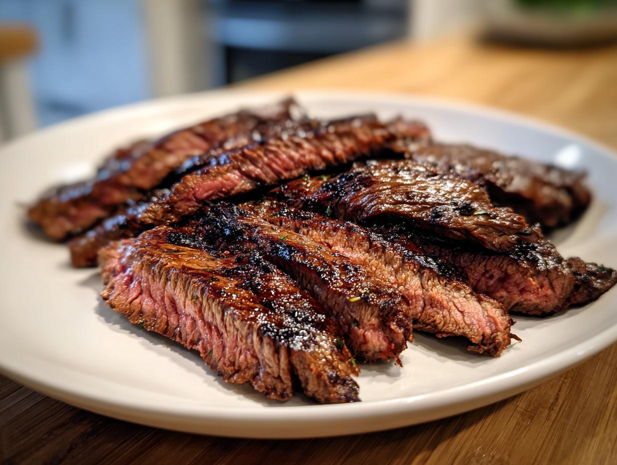 Close-up of perfectly grilled and sliced skirt steak showing a medium-rare center on a white plate.