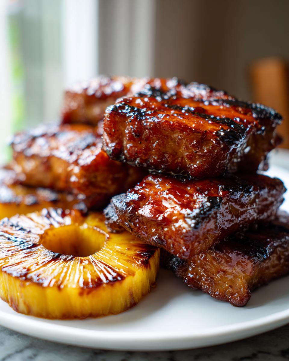 Close-up of glazed, caramelized hawaiian huli huli chicken pieces stacked next to grilled pineapple rings.