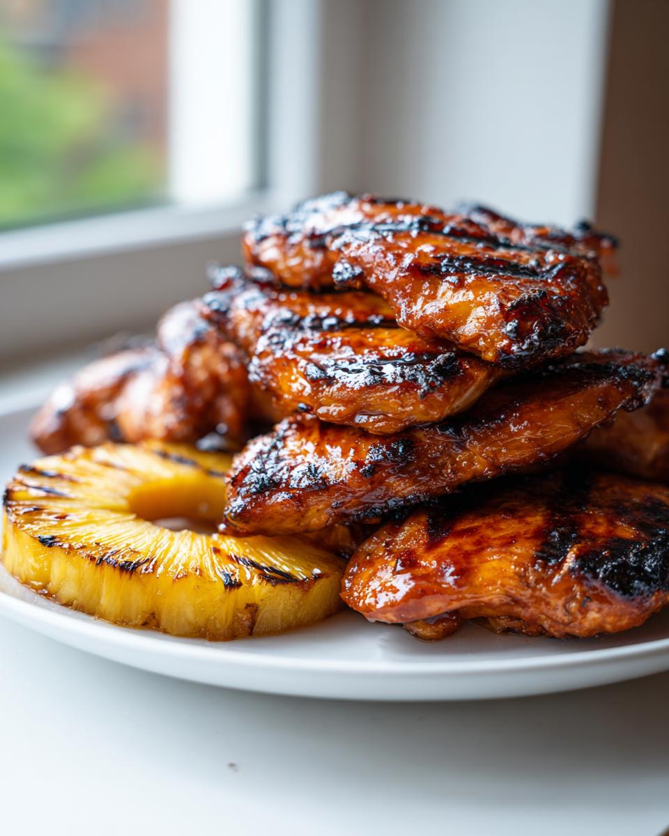 Stack of glistening, glazed hawaiian huli huli chicken pieces served with a grilled pineapple slice.