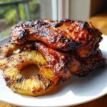 Close-up of sticky, glazed hawaiian huli huli chicken pieces served with charred grilled pineapple rings.