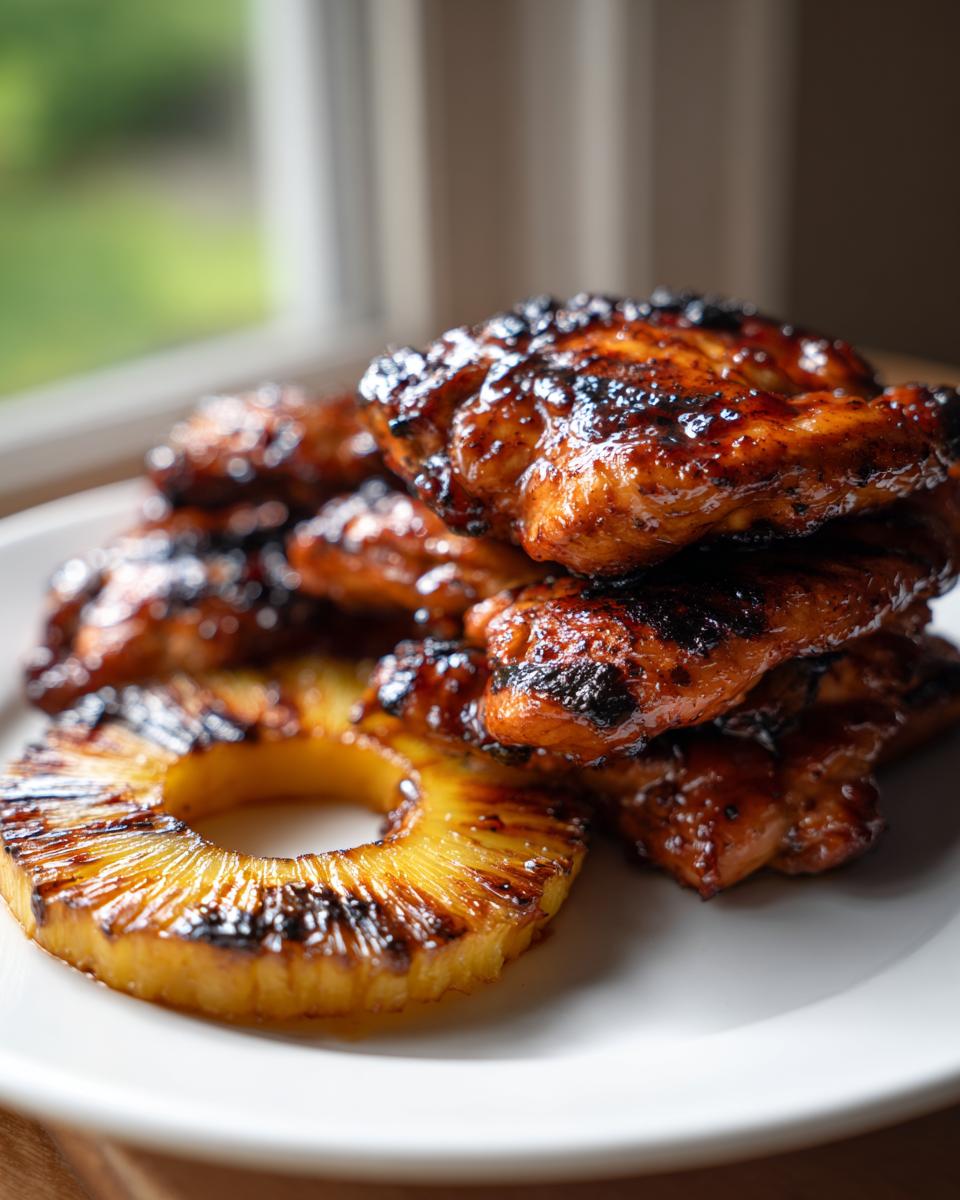 A stack of glazed, charred Hawaiian Huli Huli Chicken pieces served next to a grilled pineapple ring.