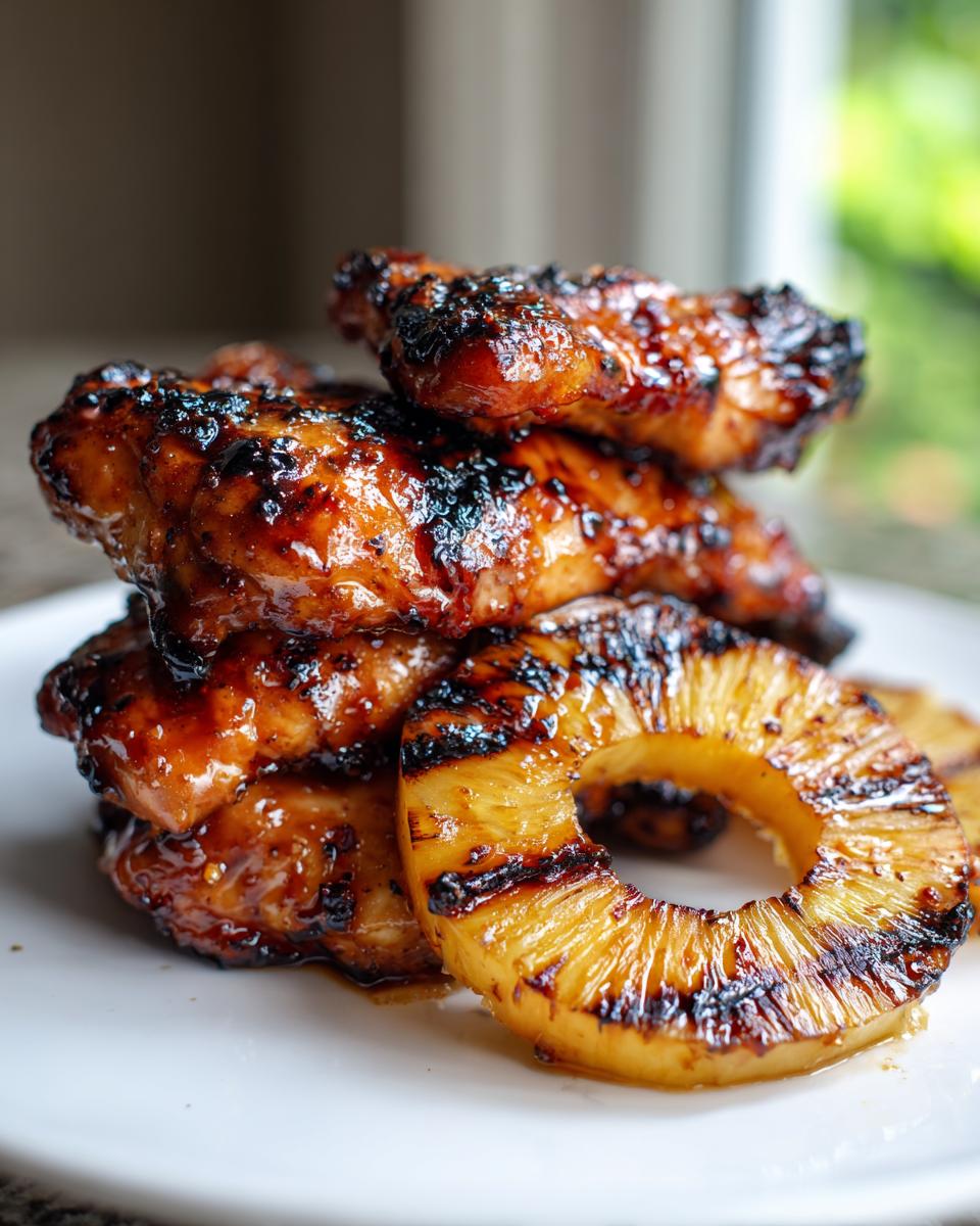 Stack of glazed hawaiian huli huli chicken pieces next to a grilled pineapple ring.