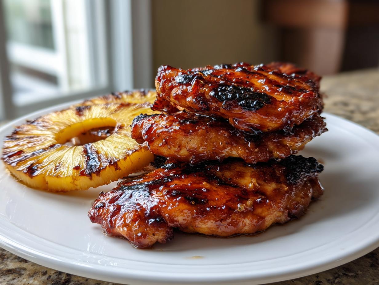 Stack of glazed Hawaiian huli huli chicken pieces served with a grilled pineapple ring on a white plate.