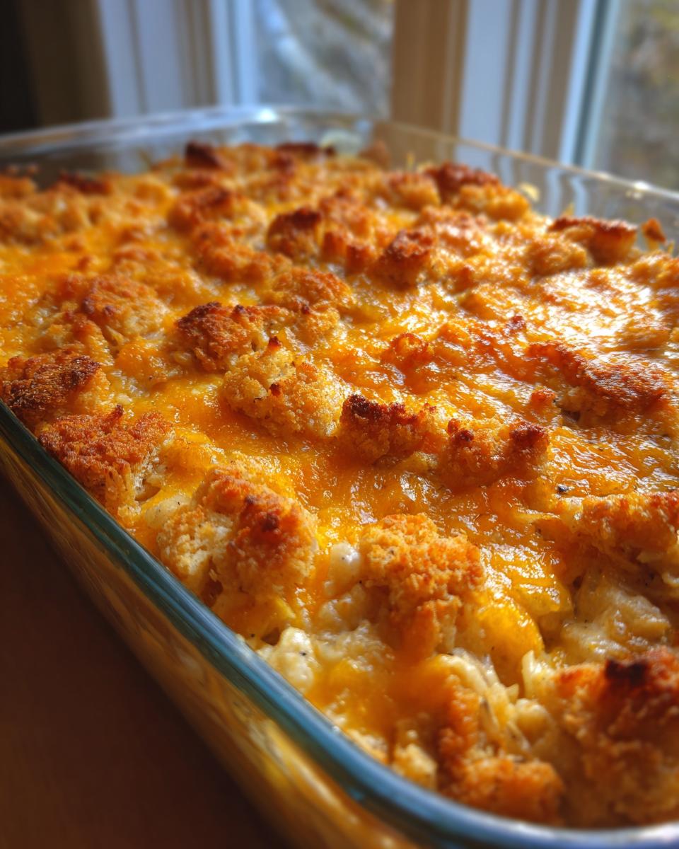 Close-up of a baked chicken wild rice casserole topped with melted cheddar cheese and crispy breadcrumbs.