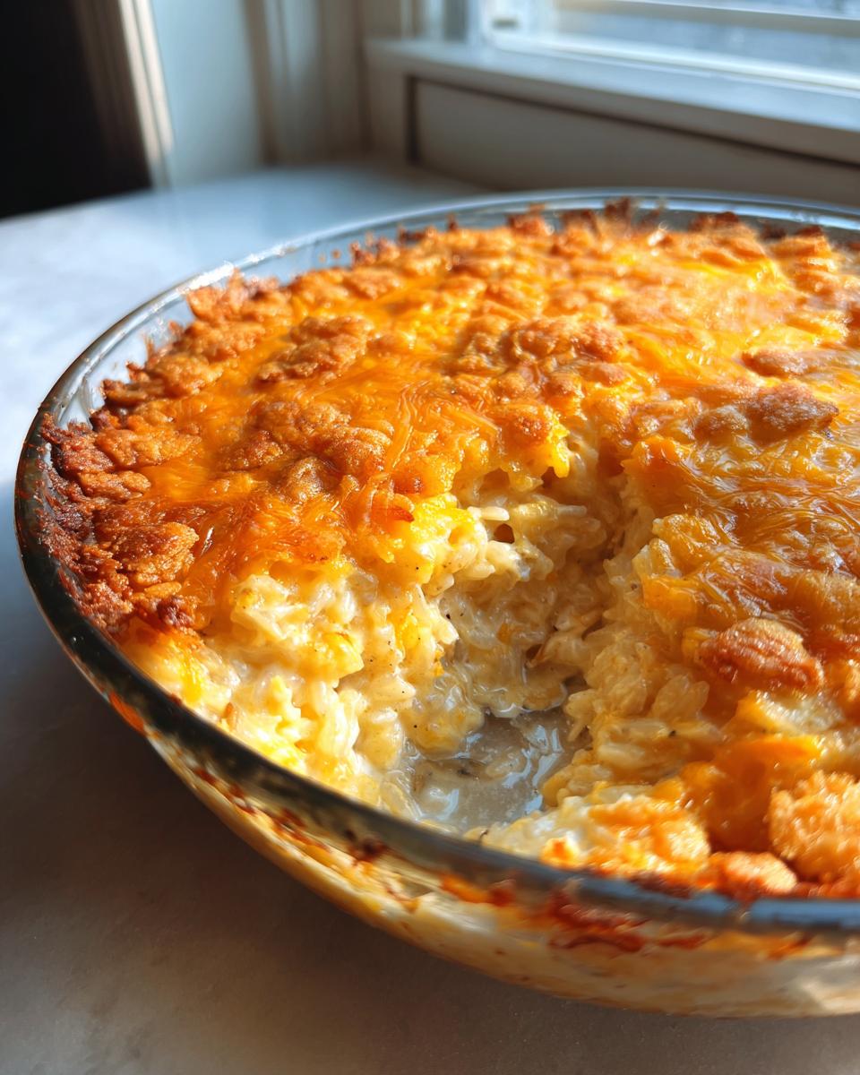 Close-up of a creamy chicken wild rice casserole baked in a glass dish with a golden, bubbly cheese topping.