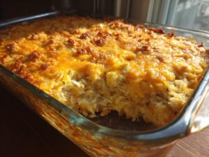 A golden-brown, cheesy topping covers a hearty chicken wild rice casserole baked in a clear glass dish.