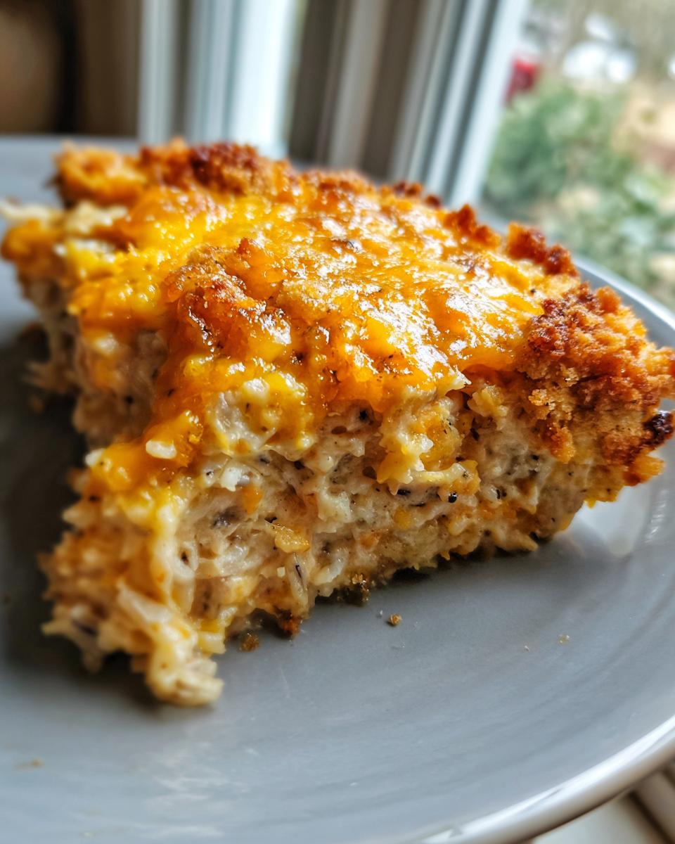 Close-up of a serving of hearty chicken wild rice casserole topped with melted cheddar cheese.