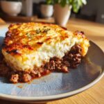 A close-up of a hearty slice of cottage pie showing rich meat filling and a golden, crispy mashed potato topping.
