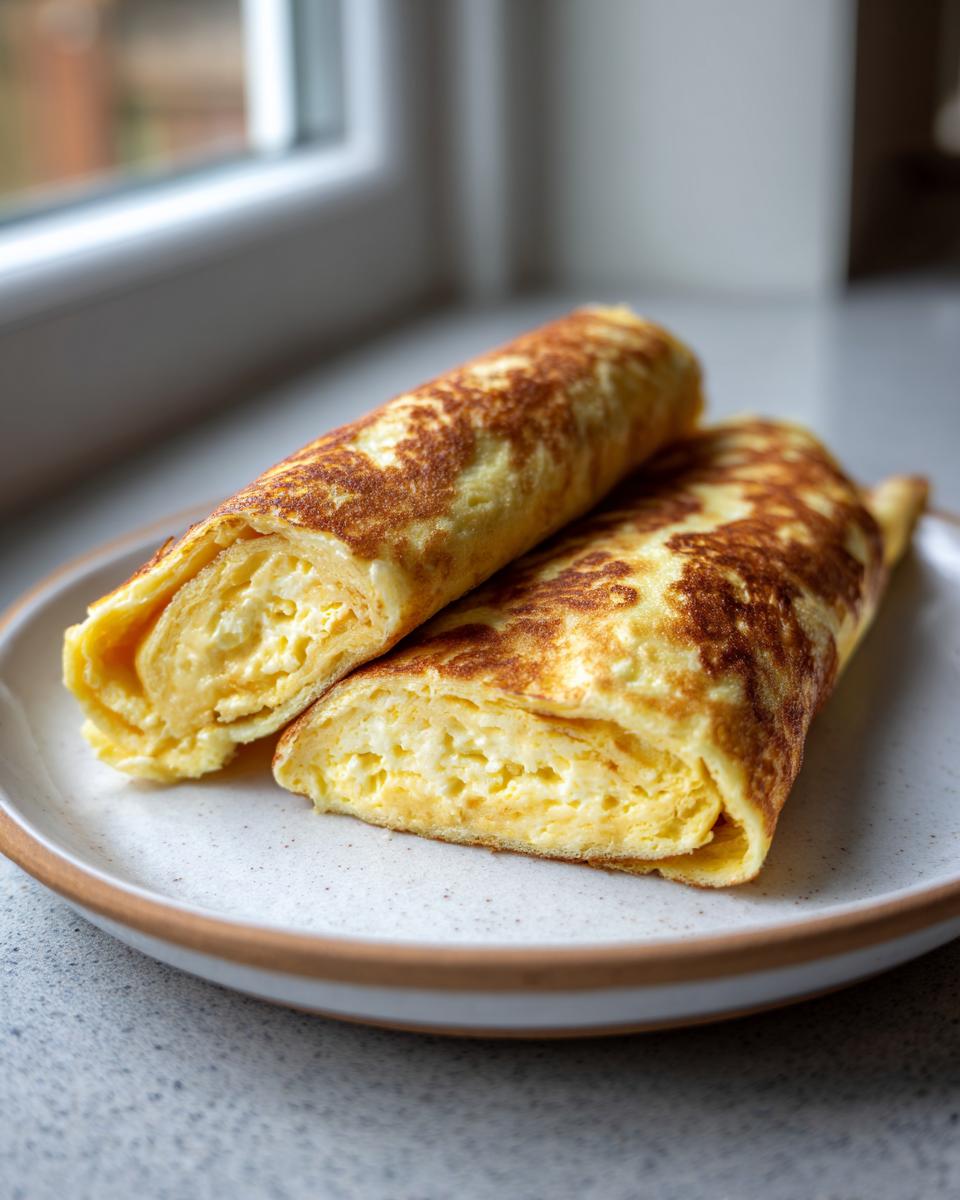 Two halves of a rolled cottage cheese wrap, showing the creamy filling inside the browned egg exterior.