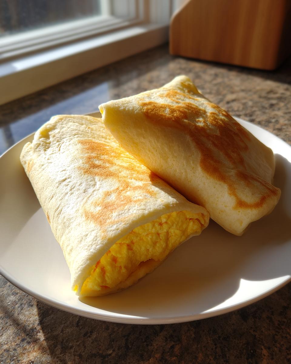 Two golden-brown cottage cheese wraps filled with fluffy scrambled eggs served on a white plate.