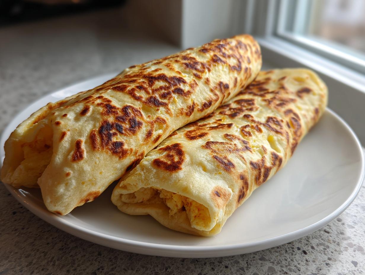 Two golden-brown, rolled cottage cheese wraps sitting on a white plate near a window.