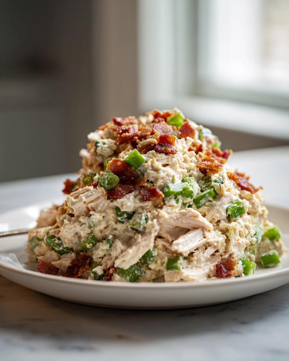 A mound of creamy jalapeno popper chicken salad topped with crispy bacon bits and green onions.