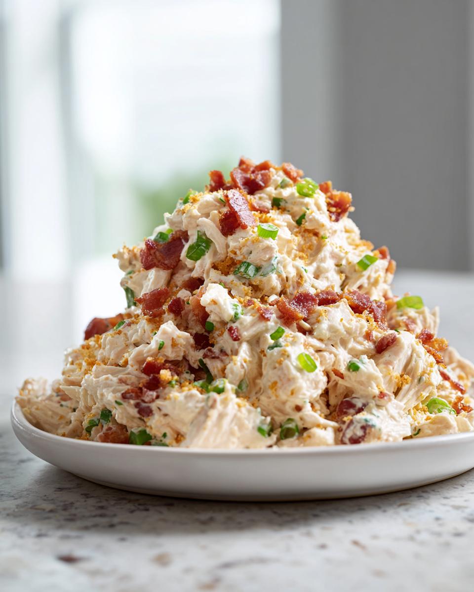 A generous mound of creamy jalapeno popper chicken salad topped with bacon bits and green onions.