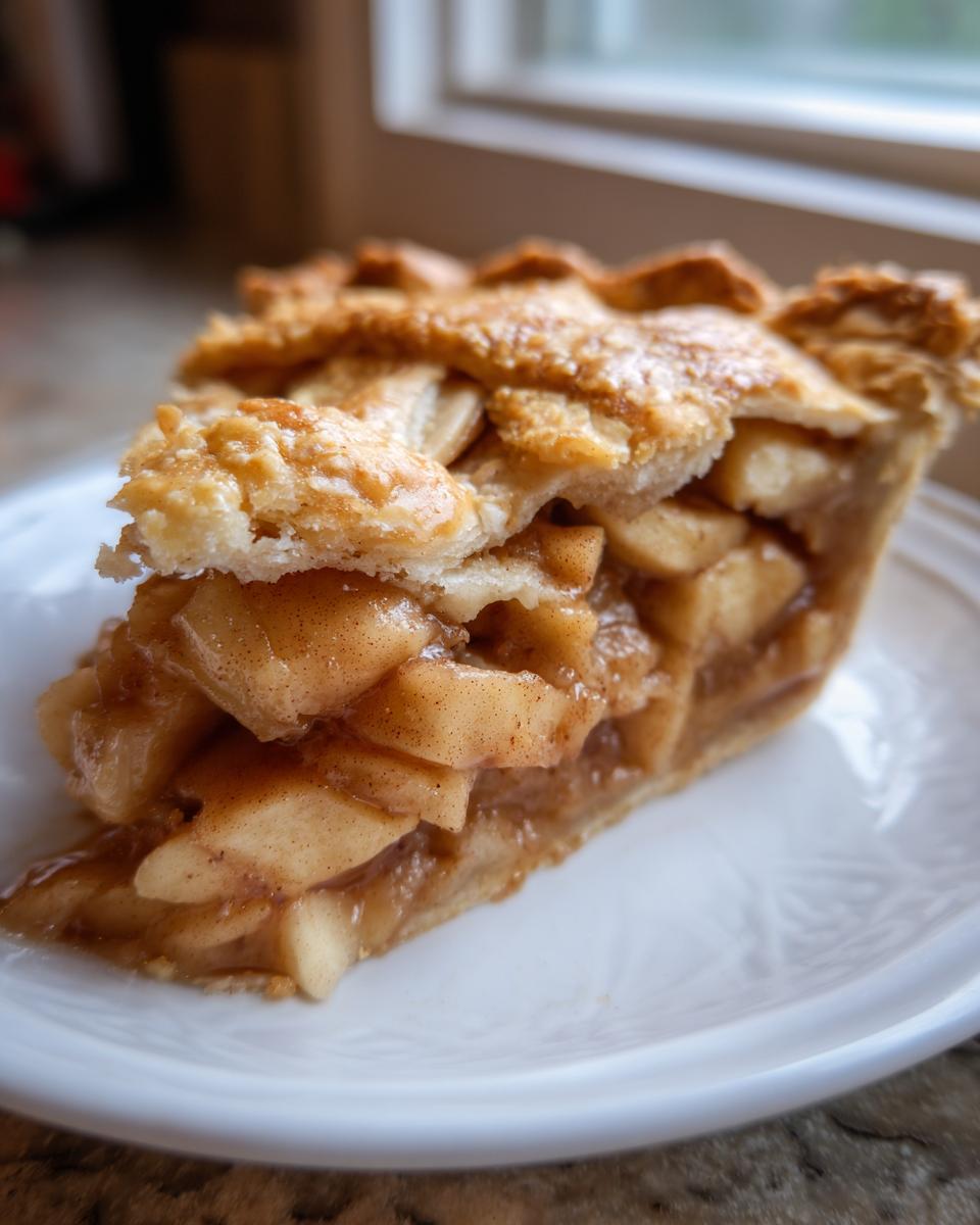 A close-up of a thick slice of homemade apple pie showing chunky, spiced apples and a flaky, golden-brown top crust.