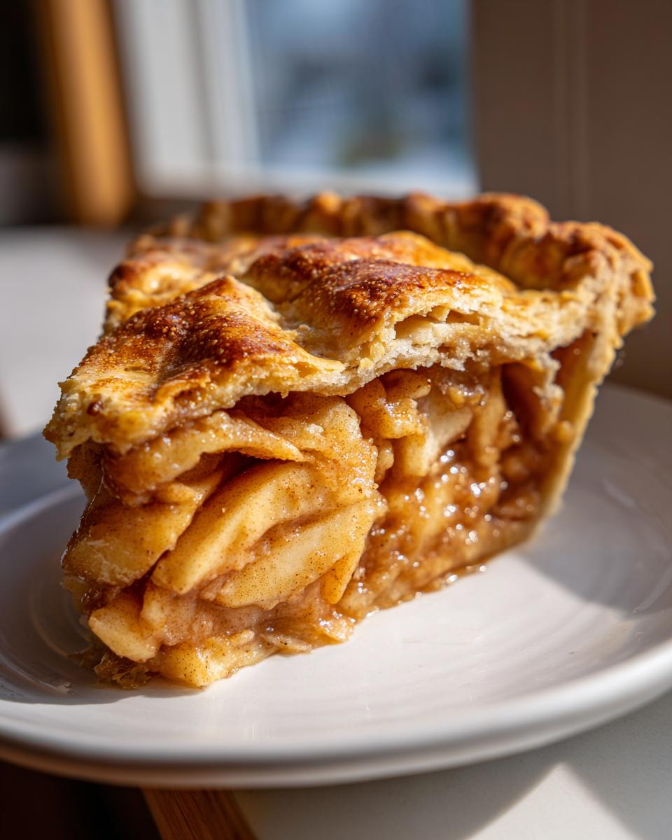 Close-up of a generous slice of homemade apple pie showing thick, gooey apple filling and a golden, sugared crust.