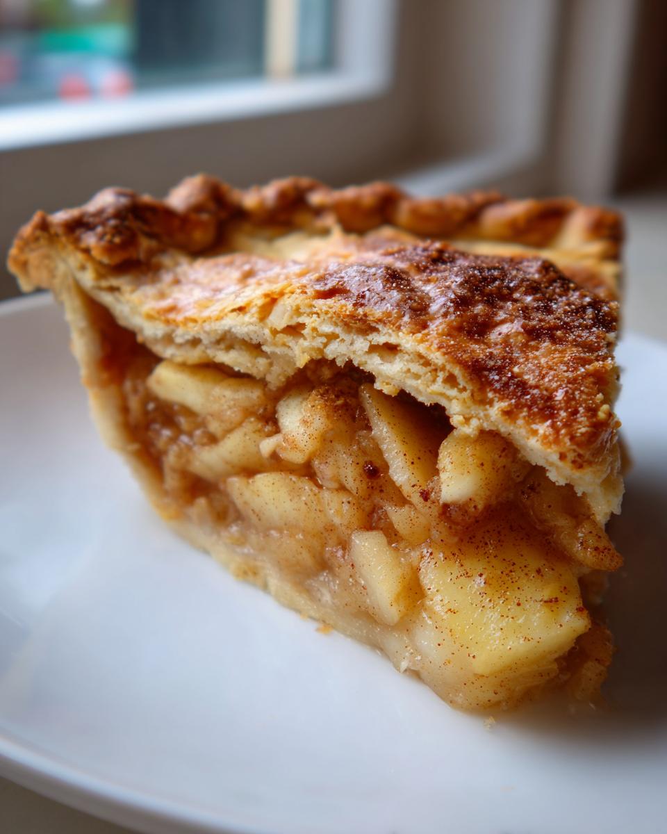 Close-up of a thick slice of homemade apple pie showing tender apple filling and a golden, flaky crust.