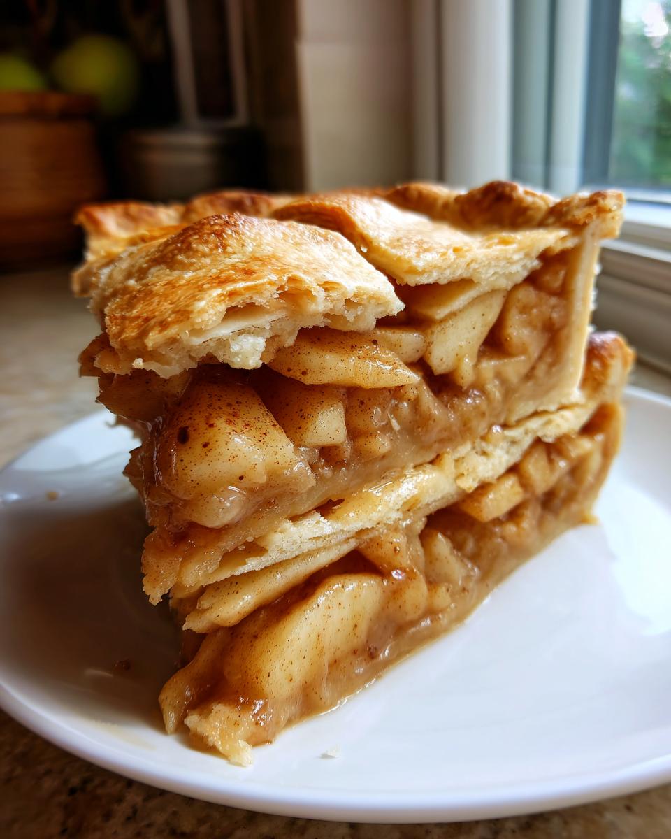 Two stacked slices of homemade apple pie showing flaky crust and thick cinnamon apple filling.