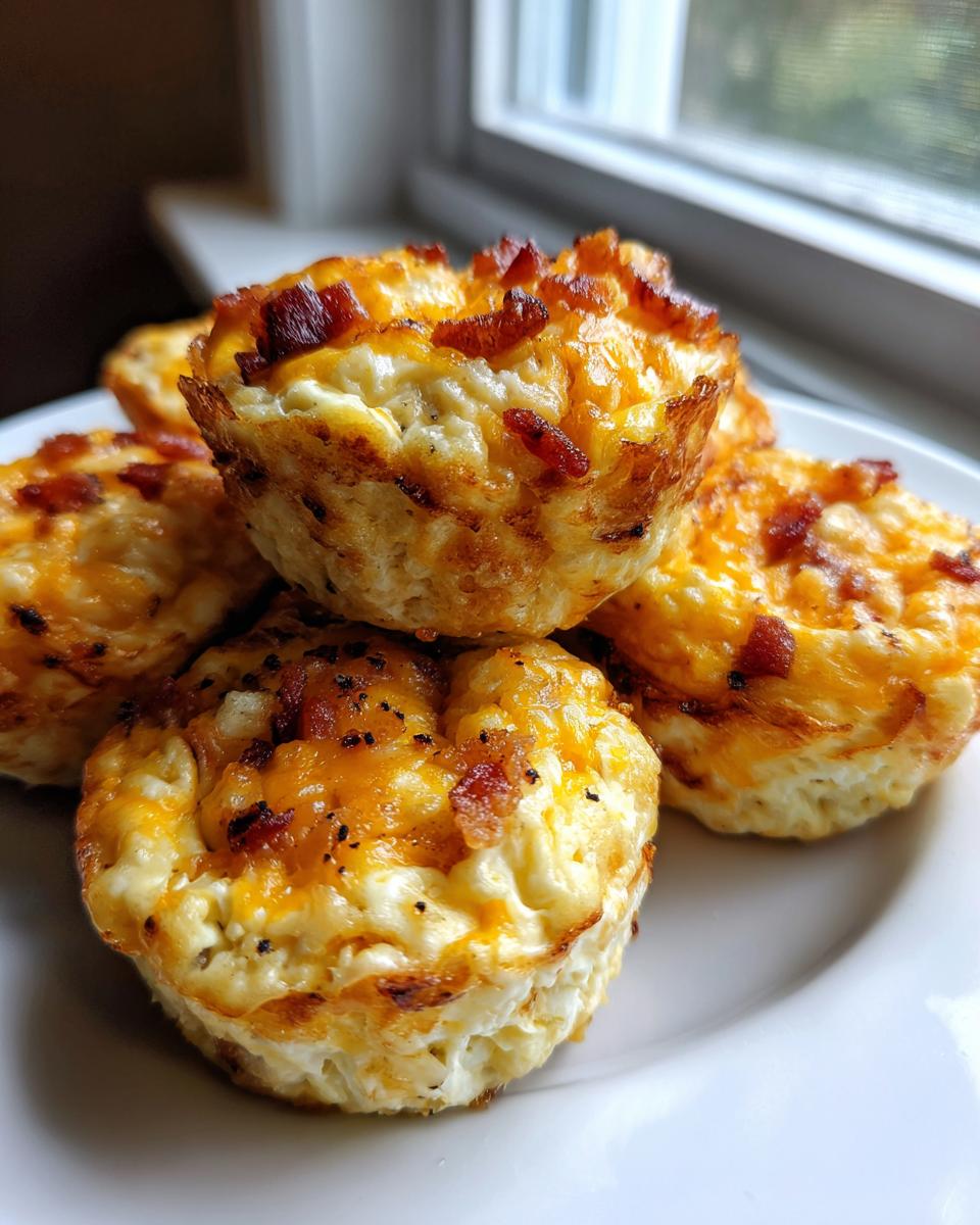 A stack of fluffy, baked egg bites topped with melted cheddar cheese and crispy bacon bits.
