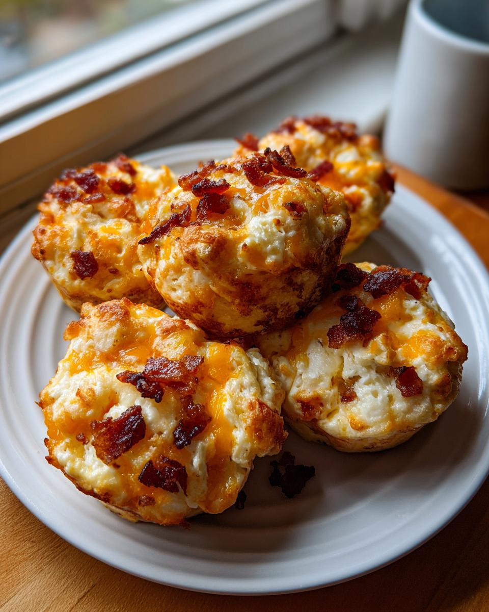 Five fluffy, baked egg bites topped with melted cheddar cheese and crispy bacon bits served on a white plate.