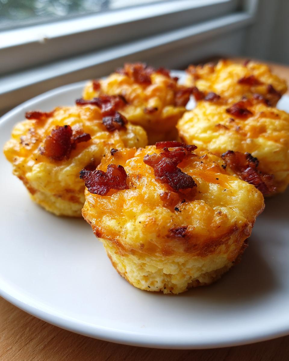 Close-up of four fluffy, golden egg bites topped with melted cheddar cheese and crispy bacon pieces.