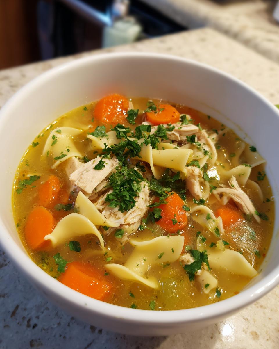 Close-up of a white bowl filled with rich chicken noodle soup, featuring shredded chicken, carrots, egg noodles, and parsley.