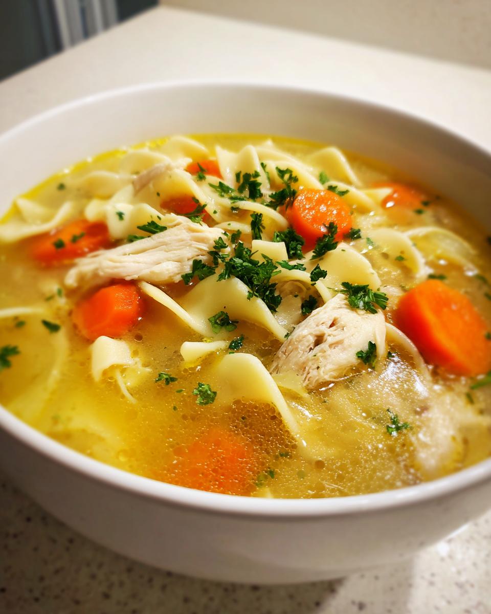 Close-up of a white bowl filled with rich, golden chicken noodle soup, featuring shredded chicken, carrots, and parsley.