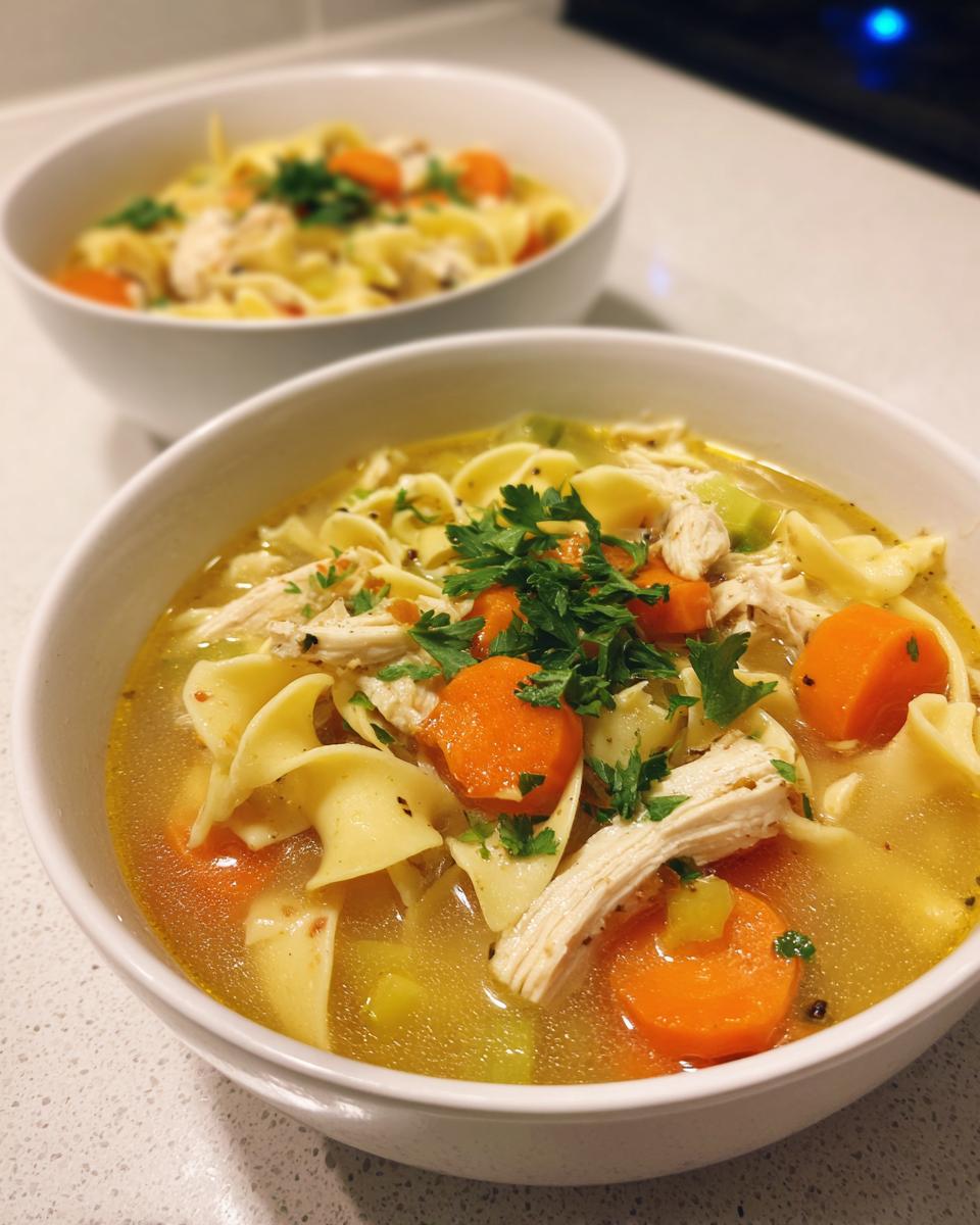 Close-up of a white bowl filled with homemade chicken noodle soup, featuring egg noodles, shredded chicken, carrots, and parsley.