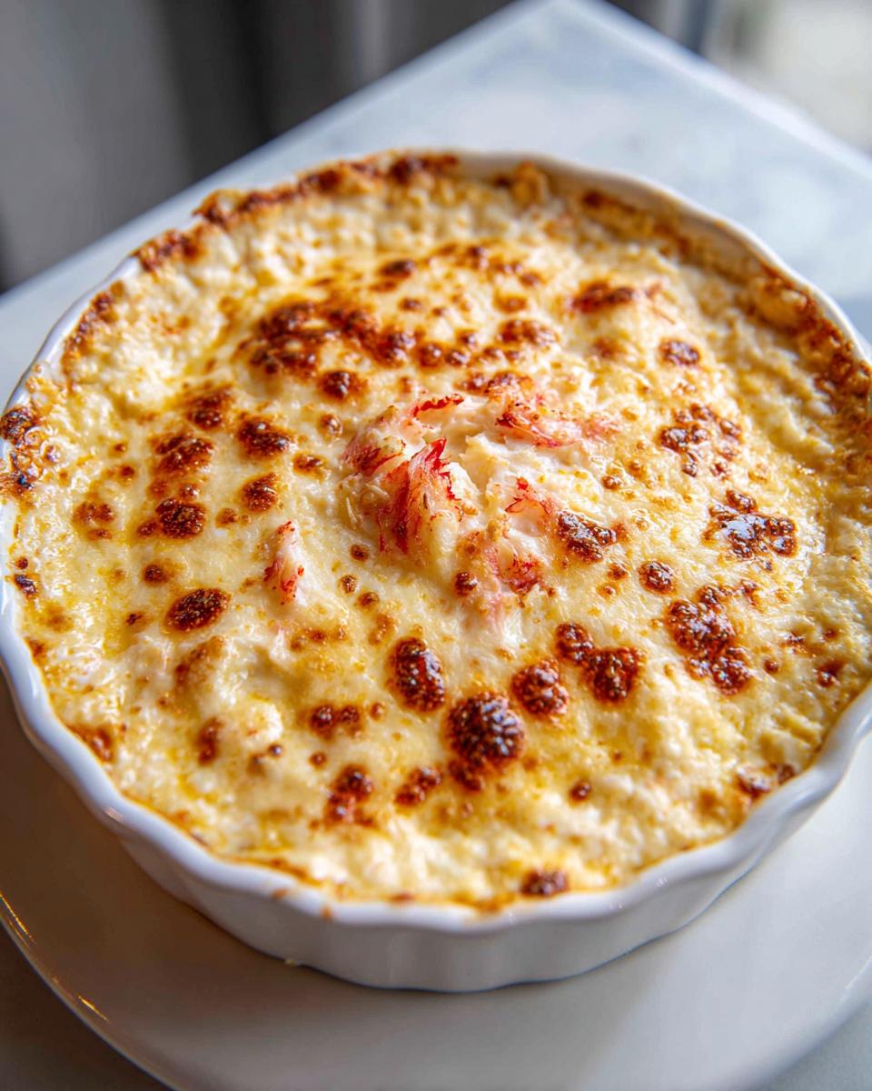 Close-up of a hot, baked crab dip recipe with a bubbly, golden-brown cheesy top in a white serving dish.