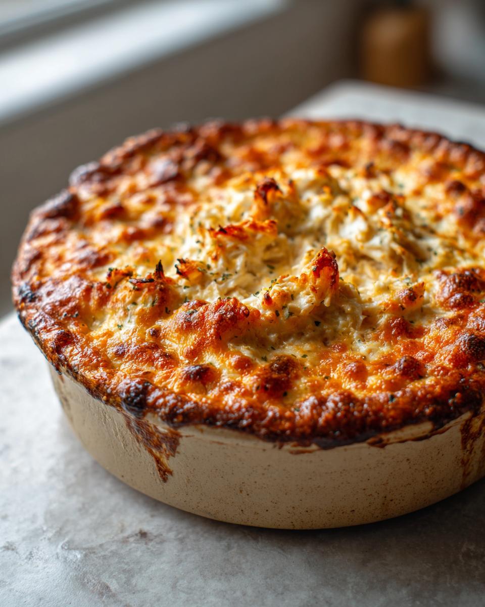 Close-up of a hot, baked crab dip recipe with a golden-brown, bubbly cheese topping in a round ceramic dish.