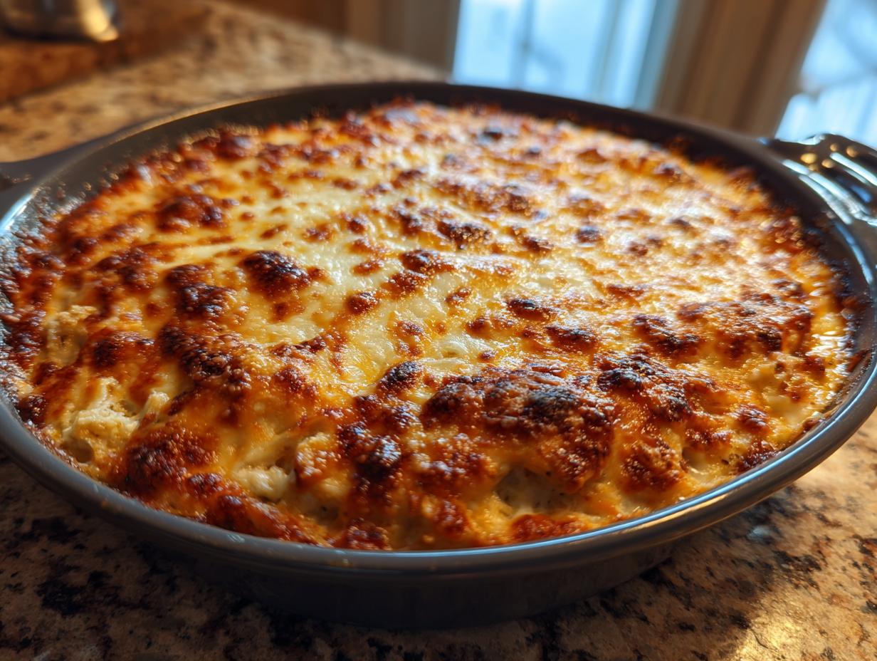 A freshly baked crab dip recipe in a round dish, featuring a bubbly, golden-brown, and slightly charred cheese topping.