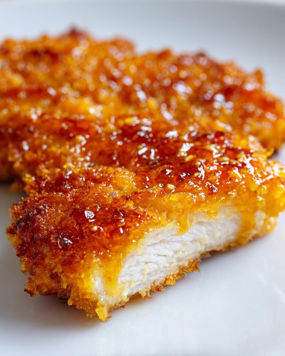 Close-up cross-section of crispy, breaded hot honey chicken drizzled with a shiny glaze.
