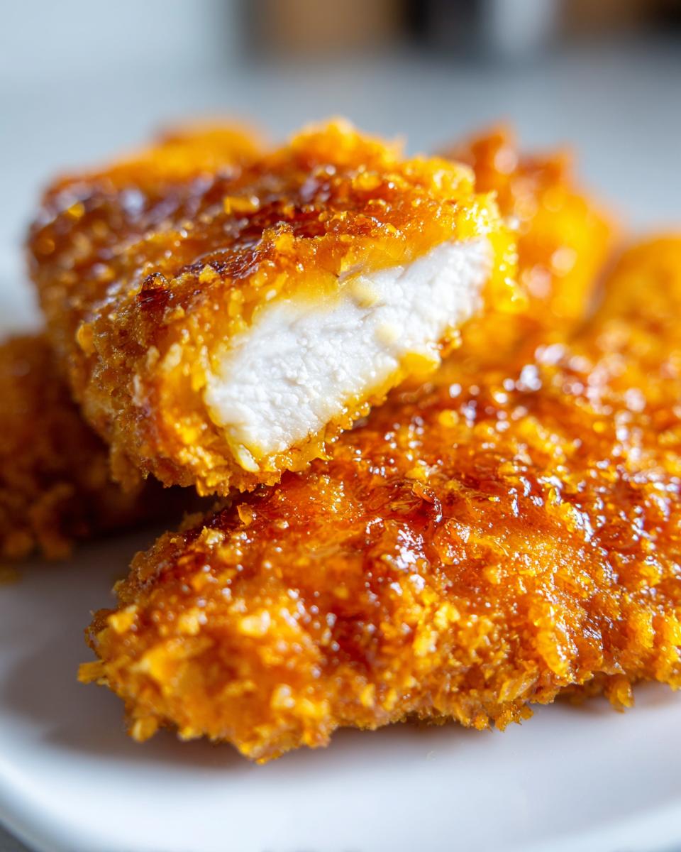 Close-up of a crispy, glazed piece of hot honey chicken cut in half showing the white interior.