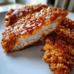 Cross-section of crispy, breaded hot honey chicken showing moist white meat and a shiny, sweet glaze.