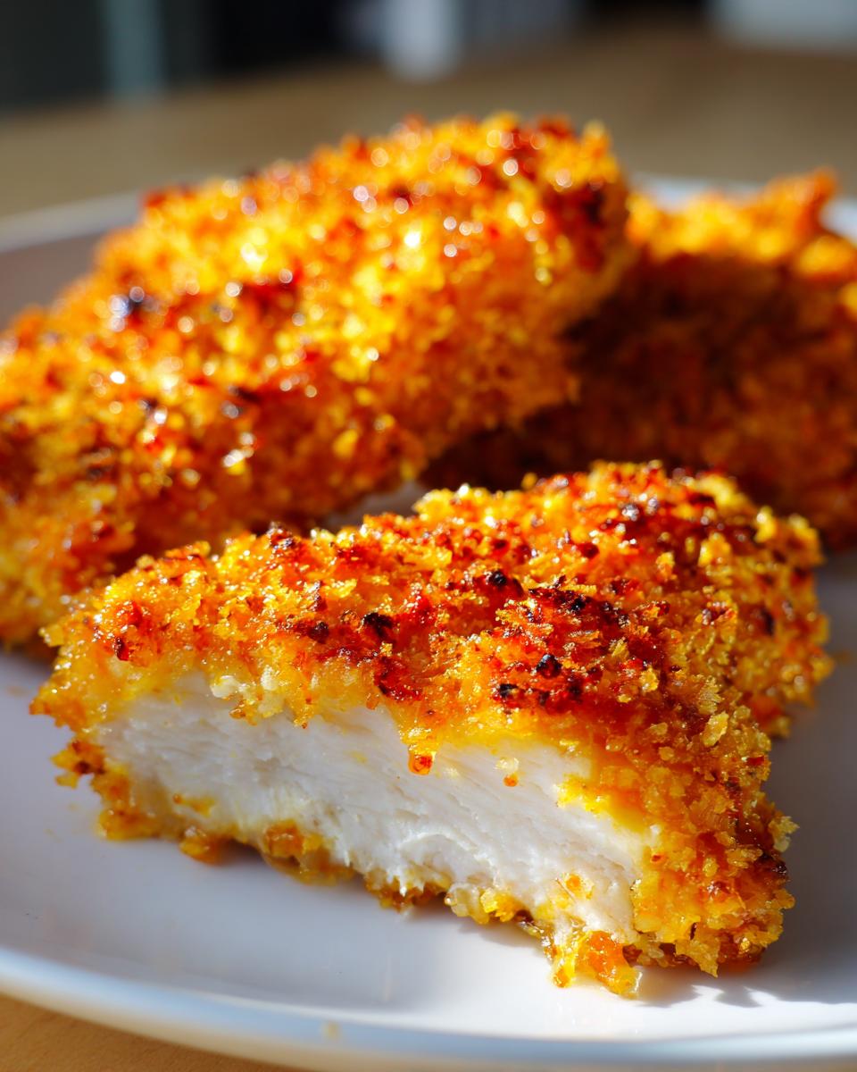 Close-up of a piece of hot honey chicken cut in half, showing the white meat and crispy, orange-red coating.