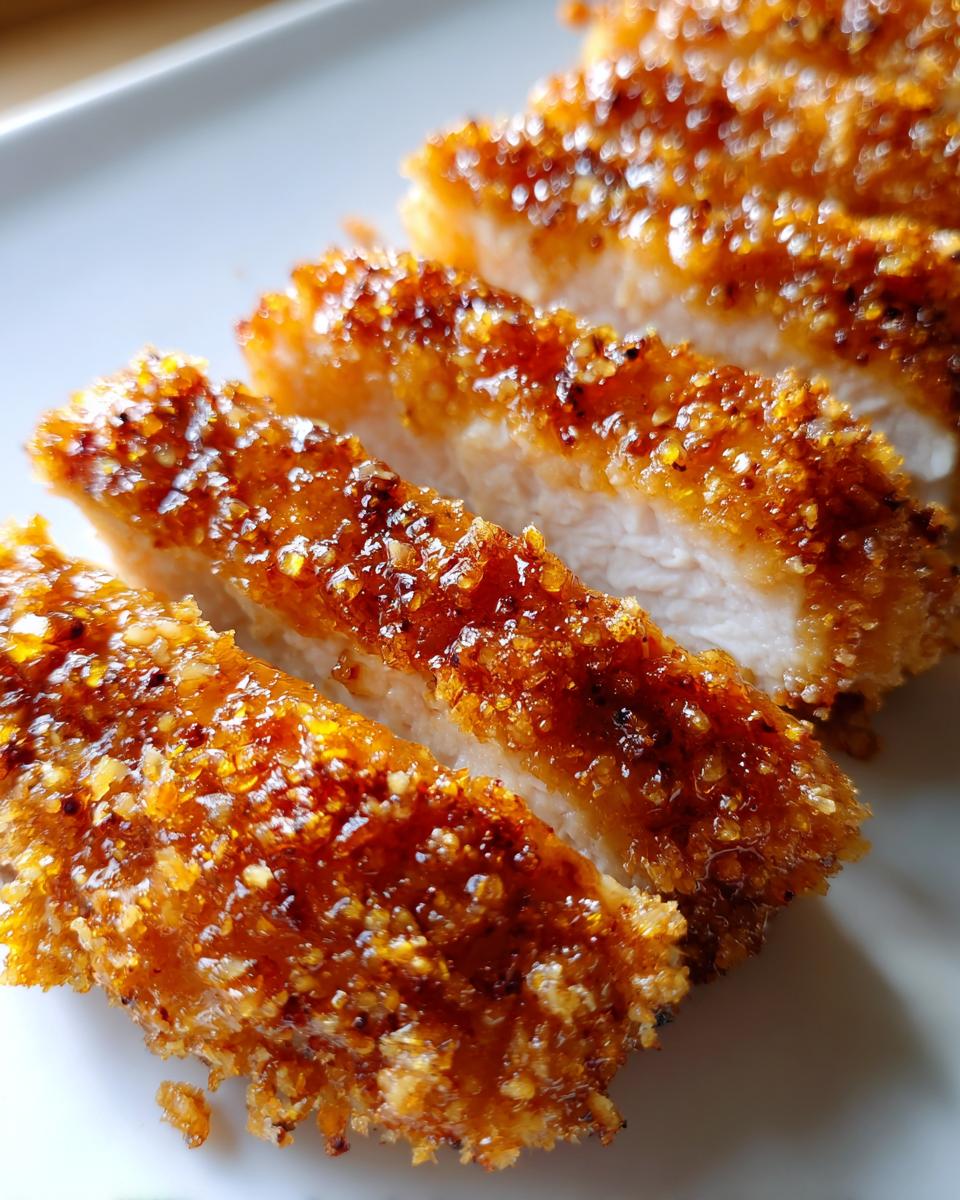 Close-up of sliced hot honey chicken showing the crispy, glazed crust and moist white meat inside.