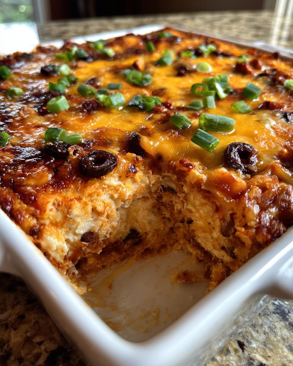 Close-up of hot texas trash dip in a white baking dish, showing melted cheese, olives, and green onion garnish.