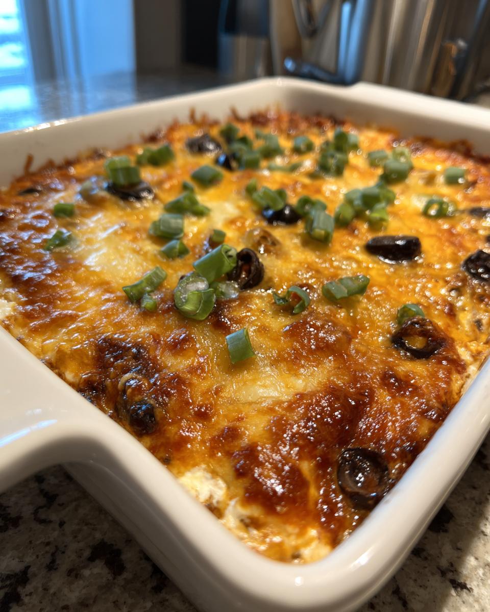 Close-up of hot texas trash dip in a white baking dish, topped with bubbly melted cheese, black olives, and green onions.