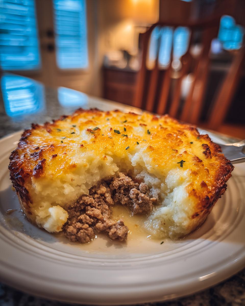 Close-up of an individual serving of cottage pie showing the browned mashed potato topping and rich meat filling.