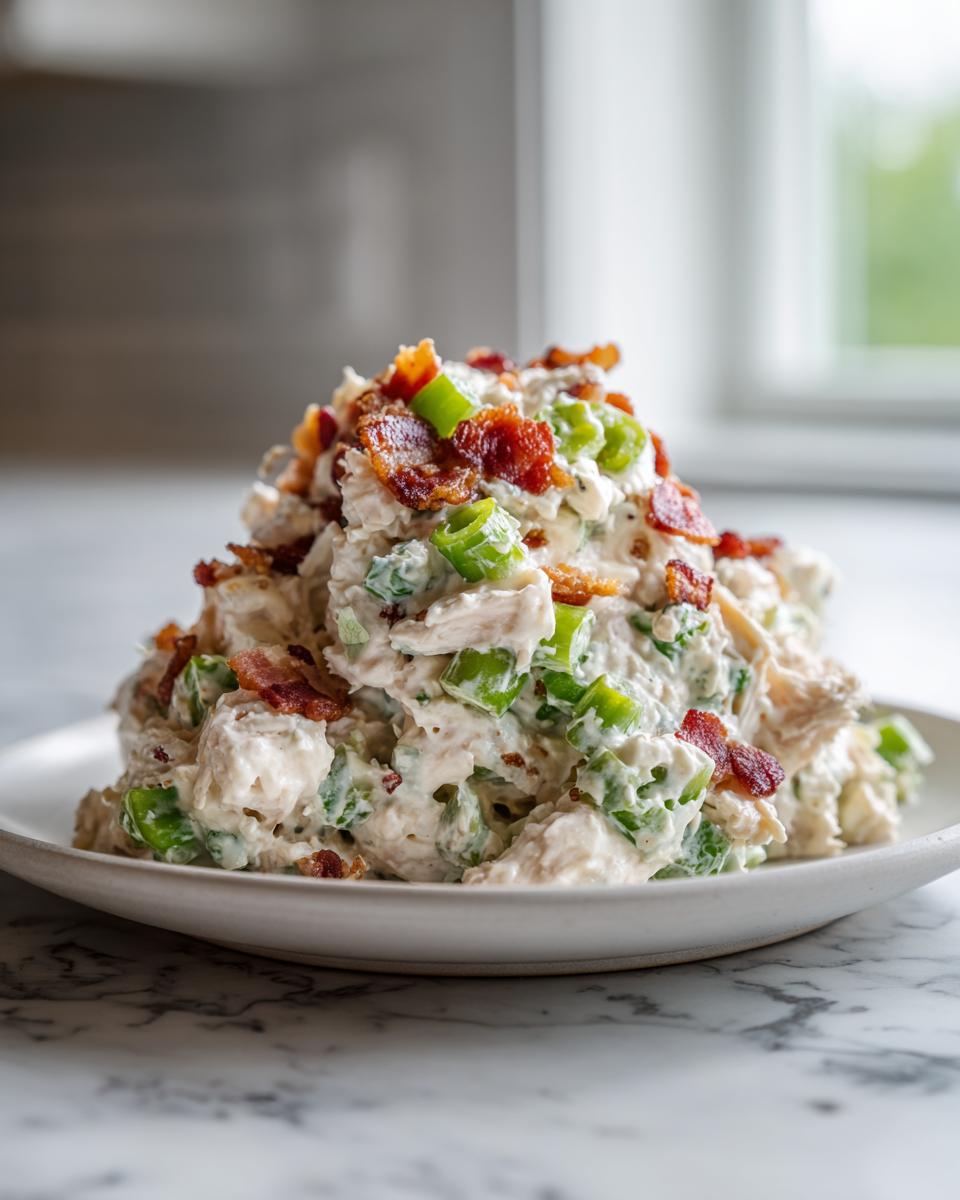 A mound of creamy jalapeno popper chicken salad topped with crispy bacon crumbles and green onions.