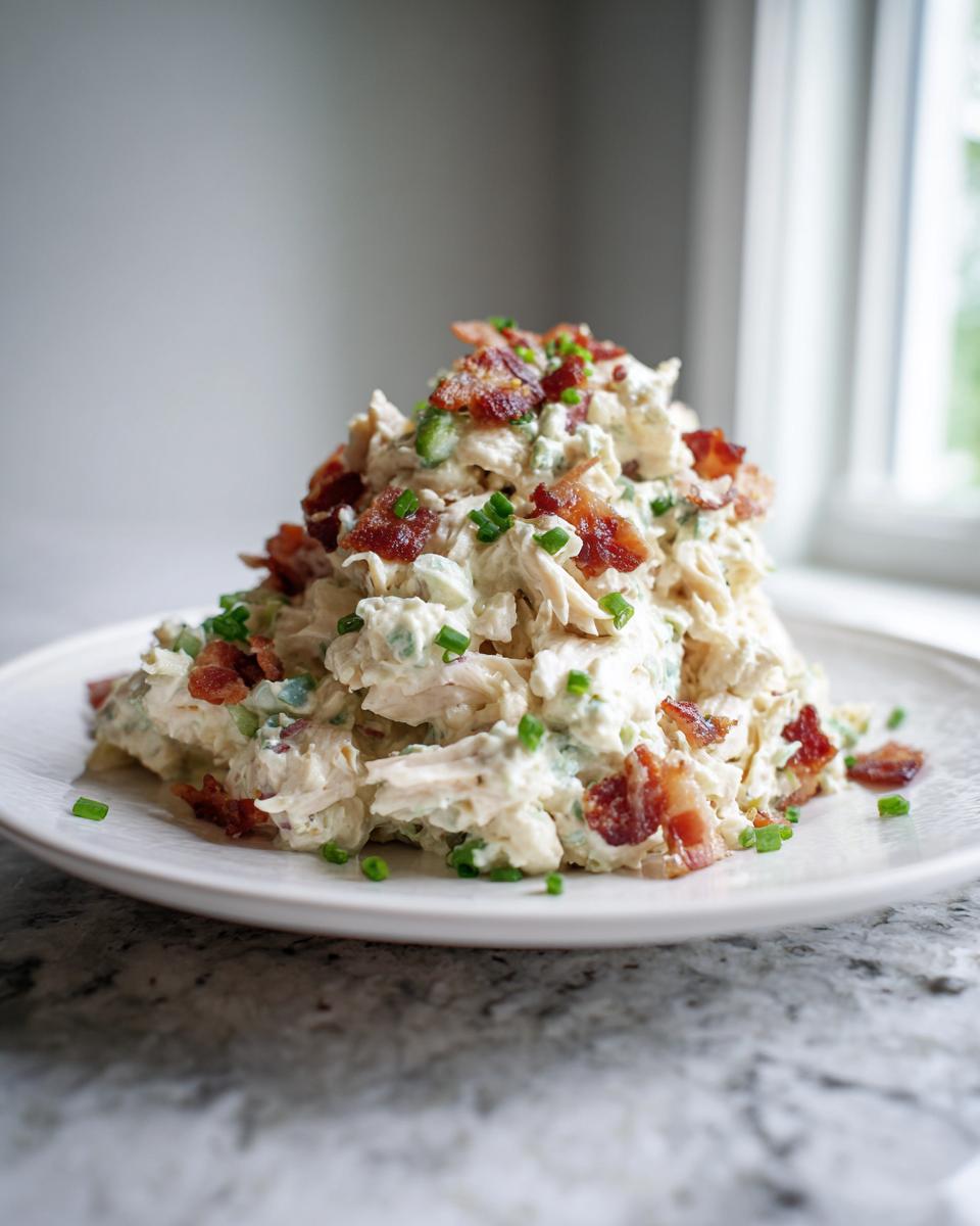 A mound of creamy jalapeno popper chicken salad topped with crispy bacon bits and fresh chives.