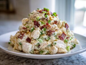 A mound of creamy jalapeno popper chicken salad topped with bacon bits and green onions on a white plate.